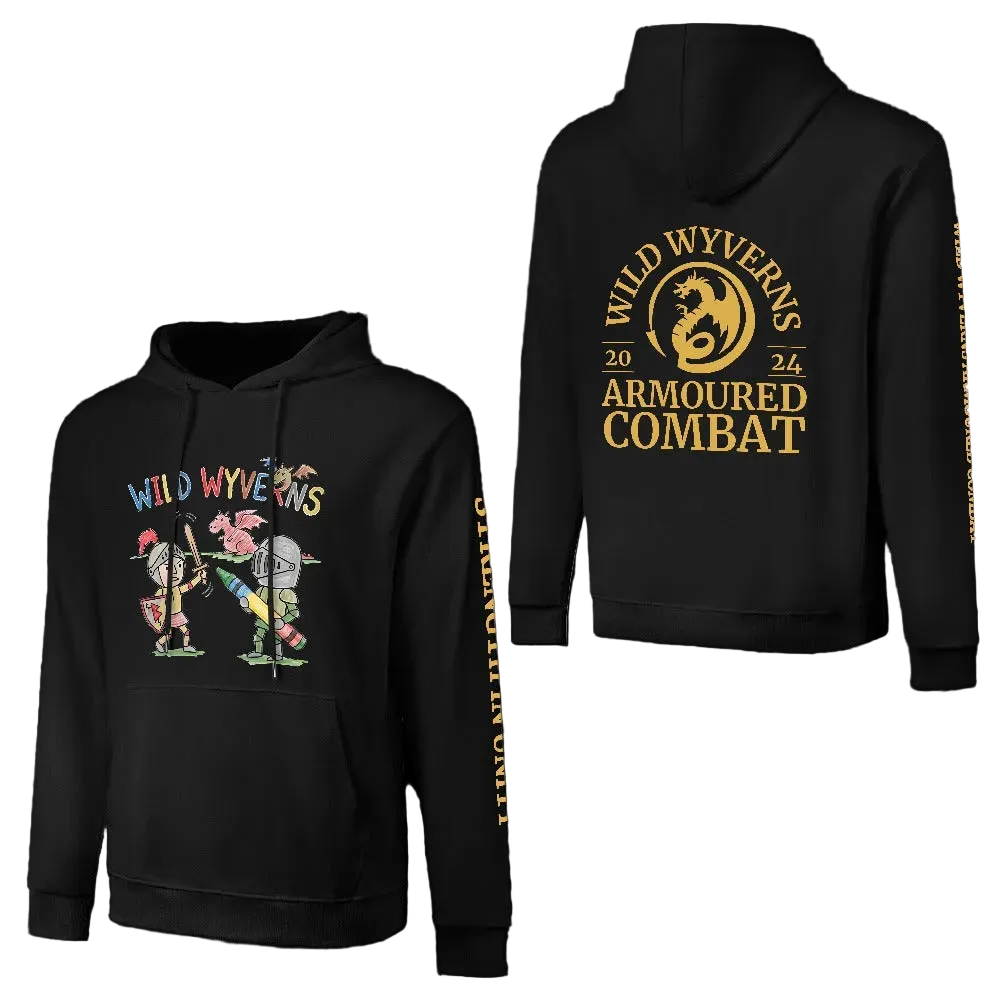 Black pullover hoodie shown from the front and back on a black background. The front features a colorful graphic of two cartoon wyebeavers under the text 'WILD WYVERNS'.