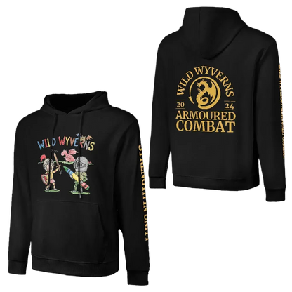 Black pullover hoodie shown from the front and back on a black background. The front features a colorful graphic of two cartoon wyebeavers under the text 'WILD WYVERNS'.